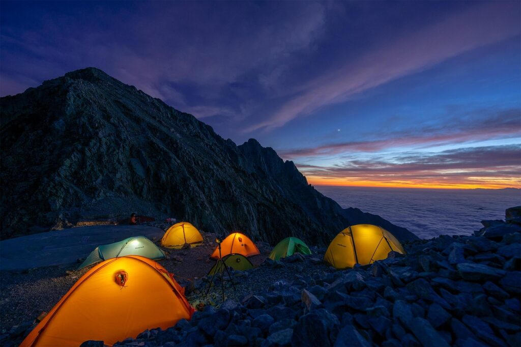 landscape, mountain, camp, mountain climbing, leisure, tent, evening, nature, sea of clouds, japanese alps, yamagami, japan
