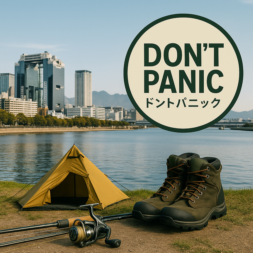 大阪湾と大阪の街並みを背景に、日本製フィッシング用品とアウトドア用品を紹介する会社イメージ画像 ― ドントパニック